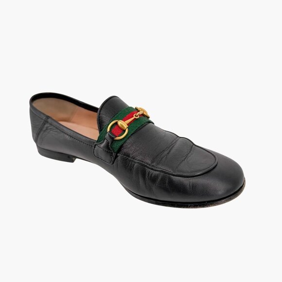 Gucci Brixton Black Leather Web Stripe Horsebit Loafers Size 38.5 US 8.5 Women's - Picture 12 of 15
